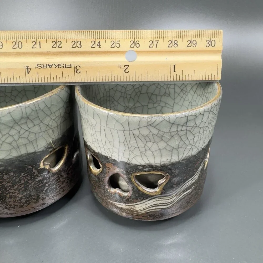Otagiri SomaWare Gold Horse Cup Tumbler Porcelain Obori Crackled Glaze Set2 Cups